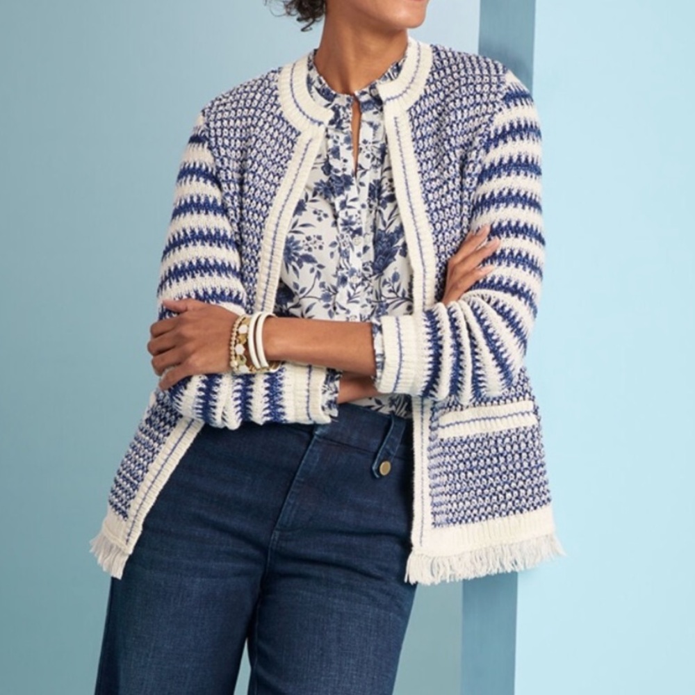 Talbots Blue & White Mixed Textured Sweater Jacket Fringe Hem Large